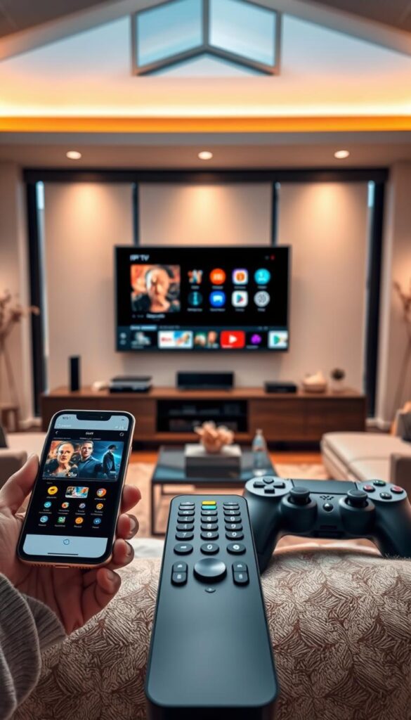 A modern living room with a large flatscreen TV on the wall, showcasing multiple devices seamlessly connected to IPTVANBIETERTV. The scene has a warm, cozy atmosphere with soft lighting and minimalist decor. In the foreground, a smartphone, tablet, and game console are visible, all accessing the same IPTV content. The middle ground features a sleek, high-end remote control, emphasizing the ease of use. The background depicts a panoramic window, allowing natural light to fill the space and create a sense of openness and connectivity. The overall composition conveys the convenience and versatility of IPTV, accessible across multiple devices in a harmonious, technology-driven home environment.