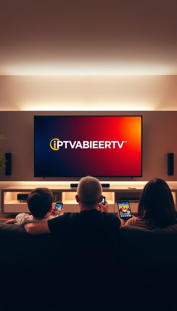 A modern living room with a large, high-definition TV screen displaying the IPTVANBIETERTV brand logo. The screen is surrounded by a sleek, minimalist entertainment center with hidden speakers and connectivity ports. In the foreground, a family of three is gathered around the TV, using various smart devices to access different content simultaneously. The room is bathed in warm, diffused lighting, creating a cozy and inviting atmosphere. The overall scene conveys the convenience and versatility of IPTV with multi-screen functionality, seamlessly integrated into the home environment.
