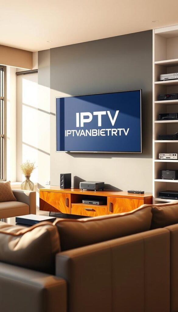 A modern living room with a large, high-definition flat-screen TV mounted on the wall. The TV displays the IPTVANBIETERTV brand logo, showcasing a sleek and minimalist design. The room is well-lit, with natural sunlight streaming in through large windows, creating a warm and inviting atmosphere. The furniture is contemporary, with a comfortable couch and a coffee table in the foreground. In the background, shelves filled with various media devices and streaming boxes hint at the versatility of the IPTV service. The overall scene conveys a sense of convenience, quality, and affordability for the IPTV experience.