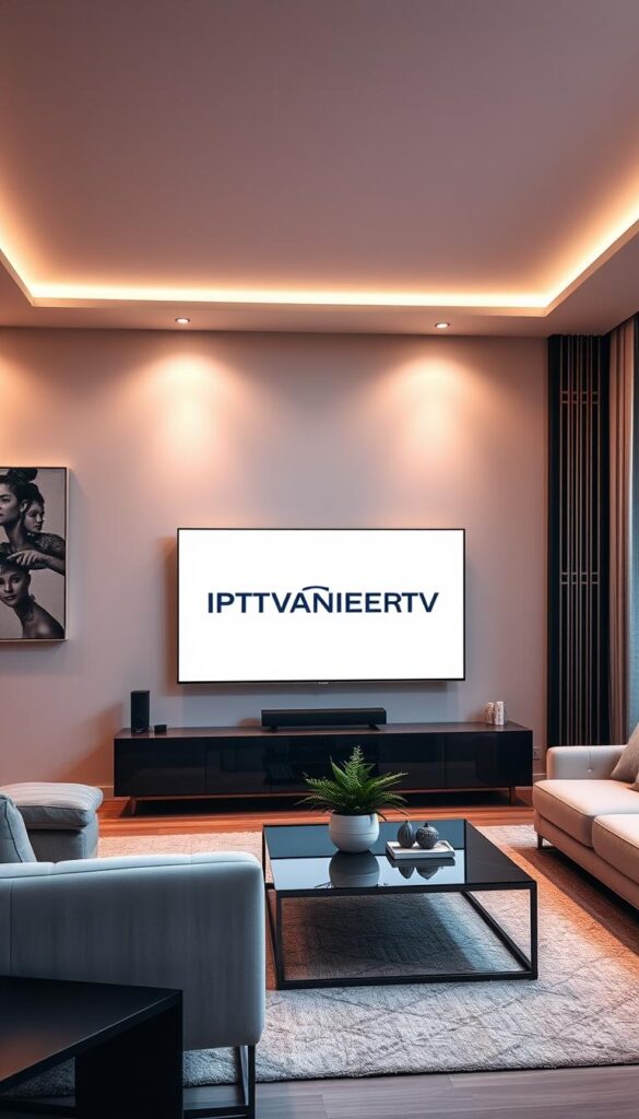 A modern living room with a large, high-definition television displaying the IPTVANBIETERTV brand name. The room is bathed in warm, soft lighting, creating a cozy and inviting atmosphere. The television is the focal point, surrounded by sleek, minimalist furniture and accents that complement the clean, contemporary design. The walls feature abstract art pieces, adding depth and visual interest to the space. The overall scene conveys a sense of comfort, entertainment, and high-quality entertainment experience.