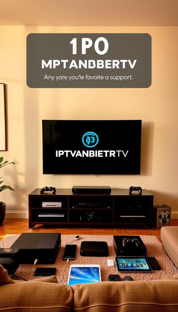 A modern living room with a large, high-definition television set prominently displayed, surrounded by a variety of personal electronic devices such as smartphones, tablets, and gaming consoles. The room is bathed in warm, natural lighting, creating a cozy and inviting atmosphere. The television screen displays the IPTVANBIETERTV logo, showcasing its multi-device support capabilities. The arrangement of the devices suggests the seamless integration and flexibility of the IPTV service, allowing users to enjoy their favorite content on any compatible device, from anywhere in the home.
