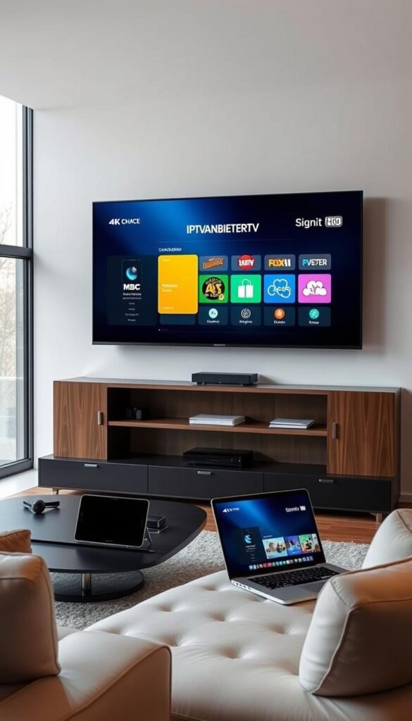 A modern living room with a large, wall-mounted 4K television. On the screen, a user interface for the IPTVANBIETERTV service, showcasing multiple devices connected simultaneously - a smartphone, a tablet, and a laptop. The room is well-lit, with large windows allowing natural light to filter in, creating a warm and inviting atmosphere. The furniture is minimalist and stylish, complementing the sleek, high-tech aesthetic. The overall scene conveys the ease and convenience of using IPTVANBIETERTV's IPTV service on multiple devices within a comfortable, contemporary home setting.