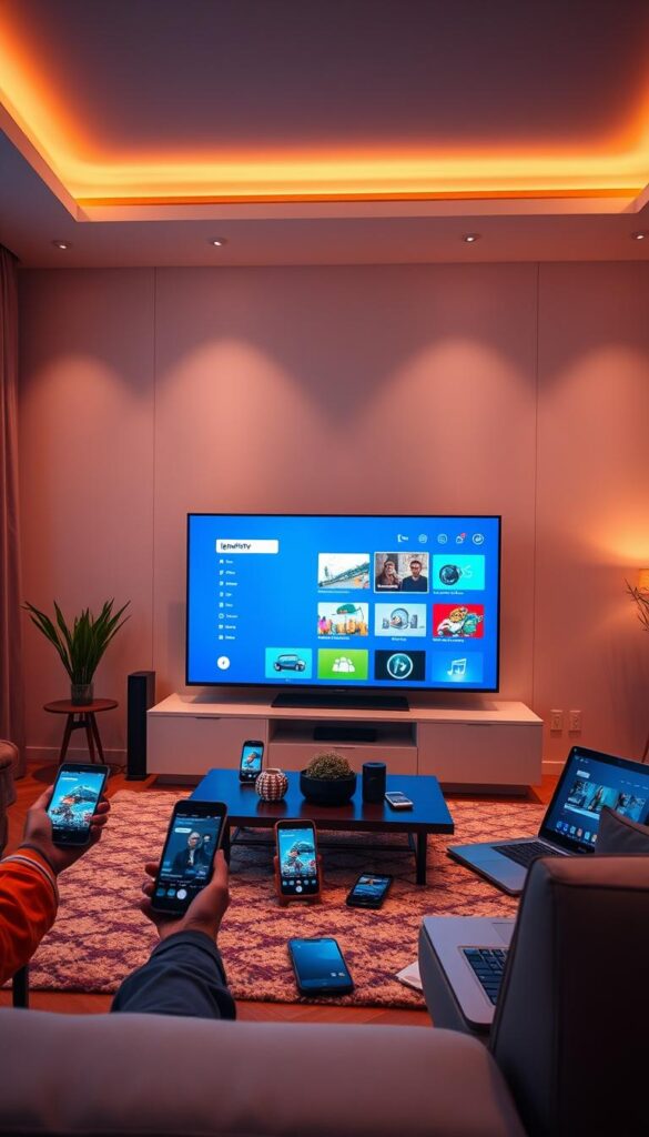 A modern living room with a large wall-mounted TV displaying the IPTVANBIETERTV interface. Various smart devices such as smartphones, tablets, and laptops are scattered around, all connected and streaming the same IPTV content. The room is bathed in warm, ambient lighting, creating a cozy and immersive atmosphere. The layout and decor suggest a well-connected, tech-savvy household where IPTV is seamlessly integrated into everyday life. The focus is on the ease of accessing IPTV across multiple devices, showcasing the service's multidevice capabilities.