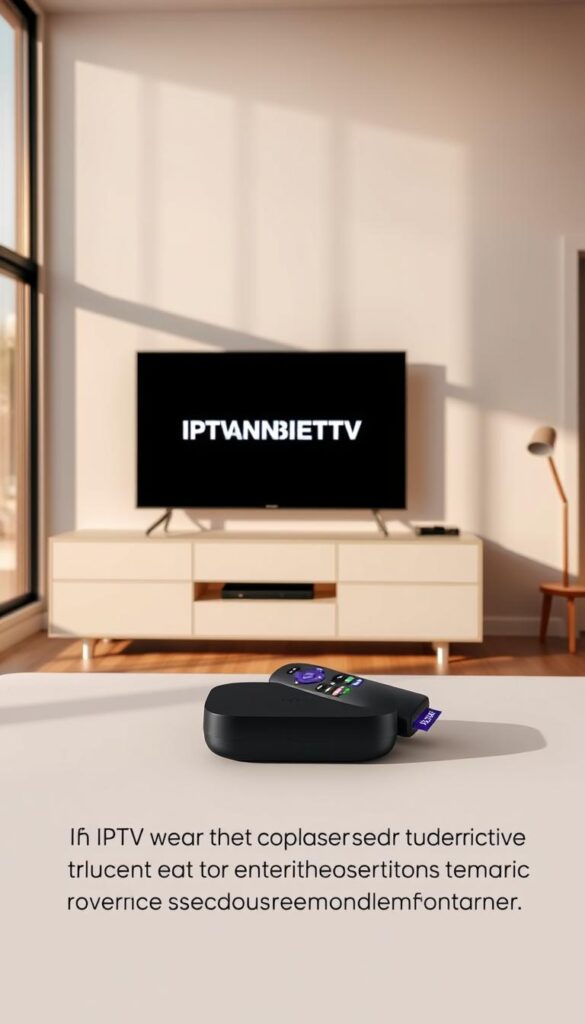 A modern living room with a sleek Roku device prominently displayed on a minimalist media console. The room is bathed in warm, natural lighting from large windows, creating a cozy and inviting atmosphere. On the Roku's home screen, the IPTVANBIETERTV logo is clearly visible, indicating a seamless IPTV integration. The scene conveys the simplicity and convenience of setting up an IPTV subscription on the Roku platform, ready to provide a vast selection of entertainment options.