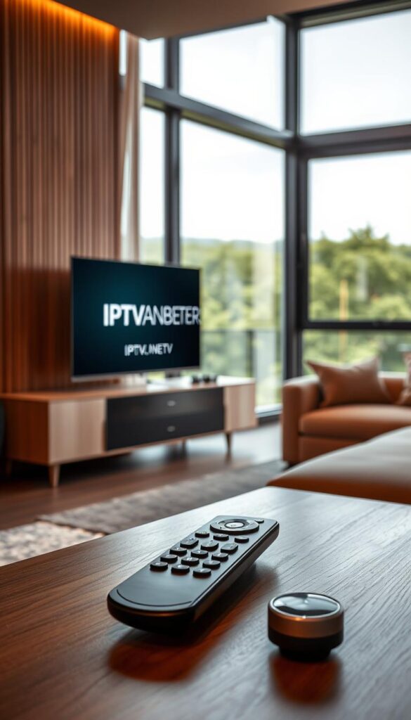 A modern living room with a sleek TV cabinet displaying the "IPTVANBIETERTV" brand. The room is bathed in warm, natural lighting, casting a cozy ambiance. In the foreground, a minimalist coffee table holds a high-end remote control, symbolizing the convenience of IPTV. The middle ground features a comfortable sofa, hinting at the relaxed viewing experience. The background showcases floor-to-ceiling windows, providing a scenic view of a lush, verdant landscape, emphasizing the idea of a seamless, immersive entertainment setup. The overall composition conveys a sense of sophistication, simplicity, and the effortless integration of IPTV technology into a contemporary home environment.