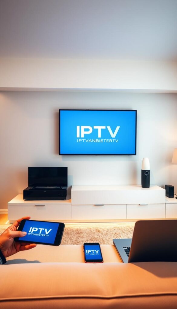A modern living room with a sleek TV mounted on the wall, displaying the IPTVANBIETERTV logo. Surrounding the TV are various devices like a smartphone, tablet, and laptop, all connected and streaming IPTV content. The room is well-lit, with soft, warm lighting creating a cozy atmosphere. The furnishings are minimal and contemporary, with a neutral color palette. The overall scene conveys the ease and versatility of accessing IPTV on multiple devices in a comfortable, tech-savvy home environment.