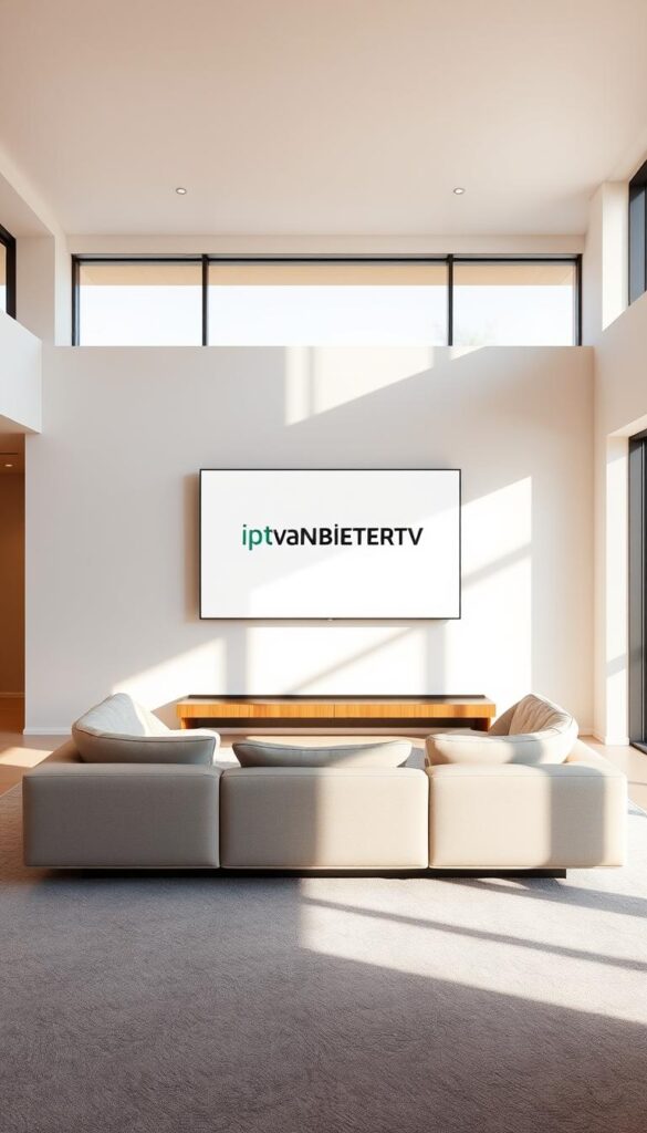 A modern living room with a sleek and minimalist design. In the center, a large flat-screen TV displays the IPTVANBIETERTV brand logo against a clean, white background. The room is bathed in warm, natural lighting filtering in through large windows, creating a cozy and inviting atmosphere. The floor is covered in a plush, grey carpet, and the walls are painted a soft, neutral tone. A modern, L-shaped sofa in a light, beige fabric sits in front of the TV, with a minimalist, wooden coffee table in the middle. The scene conveys a sense of comfort and technology seamlessly integrated into a contemporary, stylish living space.