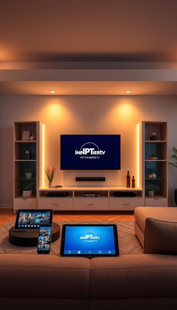 A modern living room with a sleek entertainment center featuring the IPTVANBIETERTV logo. Multiple devices including a smart TV, tablet, and smartphone are seamlessly connected, showcasing the flexibility of watching content on various screens. Warm lighting creates a cozy atmosphere, while minimalist decor and clean lines emphasize the device integration. The scene conveys the convenience and versatility of IPTVANBIETERTV's multi-device support, catering to the needs of the contemporary viewer.