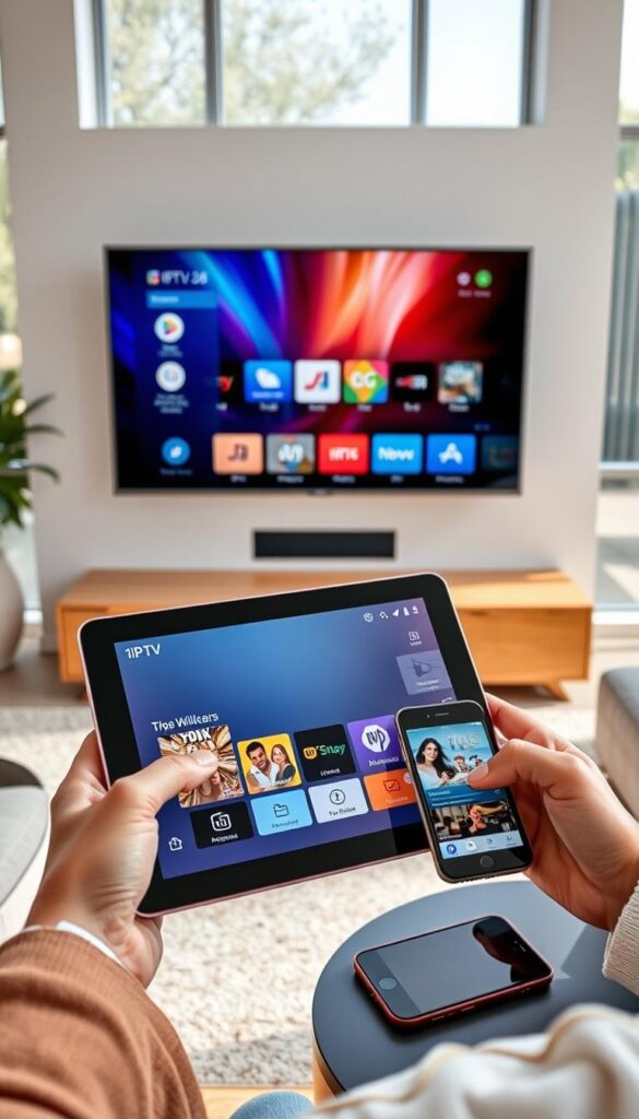 A modern living room with a sleek flat-screen TV in the center, displaying a vibrant IPTV interface. In the foreground, a person holds a tablet, seamlessly navigating the IPTVANBIETERTV platform. Next to them, a smartphone rests on a side table, also showcasing the IPTV menu. The background features large windows, allowing natural light to pour in and create a warm, inviting atmosphere. The overall scene conveys the effortless multi-device experience of using IPTV, highlighting its convenience and versatility.