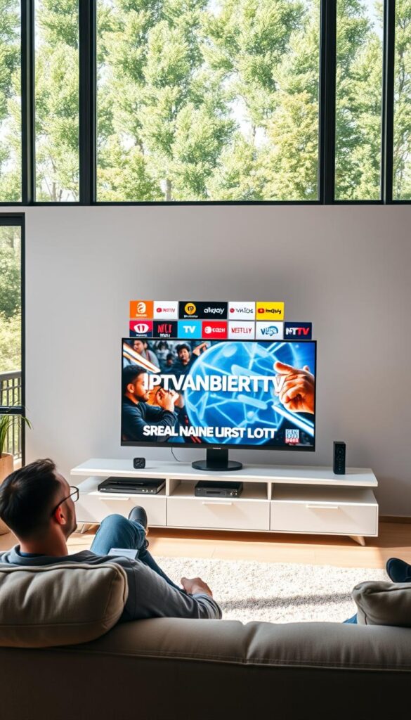 A modern living room with a sleek, minimalist TV stand displaying the IPTVANBIETERTV logo. The room is filled with natural light from large windows, creating a warm and inviting atmosphere. The TV is showcasing a dynamic, colorful display of various streaming services and content, representing the flexibility and freedom of IPTV. In the foreground, a person lounging comfortably on a plush sofa, enjoying the seamless and personalized viewing experience. The overall scene conveys the idea of a revolutionized, unbounded television experience without long-term commitments.