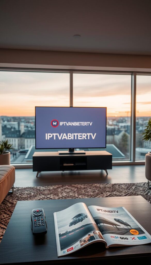 A modern living room with a sleek, minimalist design, featuring a large flatscreen TV displaying the IPTVANBIETERTV logo. The room is bathed in warm, soft lighting, creating a cozy and inviting atmosphere. In the foreground, a coffee table with a remote control and a magazine showcasing the IPTV service. In the background, a large window offers a view of the bustling city of Stuttgart, hinting at the convenience and accessibility of the IPTV service. The overall scene conveys a sense of technological sophistication and the ease of accessing a wide range of entertainment options from the comfort of one's home.