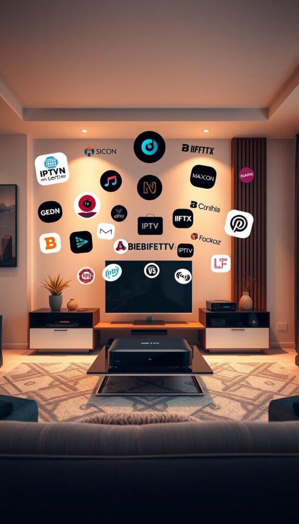 A modern living room with a sleek, minimalist design. In the center, a MAG-box streaming device sits atop a stylish TV stand, surrounded by various IPTV channel logos and icons floating in the air, including the brand "IPTVANBIETERTV". The room is bathed in warm, diffused lighting, creating a cozy and inviting atmosphere. The walls are adorned with geometric patterns and abstract art, complementing the overall aesthetic. The scene conveys the idea of a digital, technology-driven home entertainment experience.
