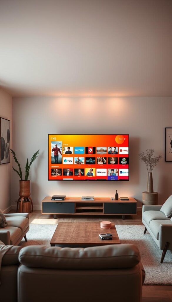 A modern living room with a sleek, minimalist design. In the center, a large flat-screen TV displays the vibrant, high-definition IPTVANBIETERTV interface, showcasing a diverse selection of live channels and on-demand content. The room is bathed in warm, ambient lighting, creating a cozy and inviting atmosphere. The TV is surrounded by minimalist, Scandinavian-inspired furniture, including a comfortable sofa and a low, wooden coffee table. The walls are adorned with abstract art, and large windows allow natural light to flood the space, highlighting the clean, uncluttered aesthetic. The overall scene conveys a sense of affordable, yet high-quality, IPTV entertainment, perfect for a modern German household.