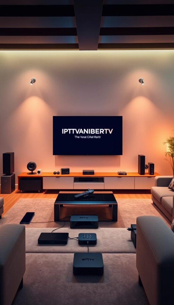 A modern living room with a sleek, minimalist design. In the center, a large, high-definition television displaying the IPTVANBIETERTV logo, surrounded by a range of electronic devices such as smartphones, tablets, and streaming boxes. The room is bathed in a warm, ambient lighting, creating a cozy and inviting atmosphere. The devices are connected seamlessly, showcasing the effortless multi-device capabilities of the IPTVANBIETERTV service. The overall scene conveys a sense of convenience, technology, and entertainment.
