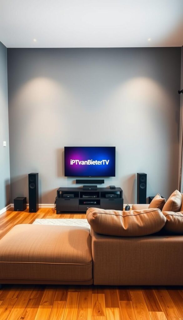 A modern living room with a sleek, minimalist design. The walls are a soft, neutral gray, and the floor is a warm hardwood. In the center of the room, a large, flat-screen television is mounted on the wall, displaying the IPTVANBIETERTV logo in bold, vibrant colors. The television is surrounded by a sophisticated entertainment system, with various streaming devices and a high-quality sound system. The room is bathed in a warm, ambient lighting, creating a cozy and inviting atmosphere. In the foreground, a comfortable, L-shaped sofa in a muted, earthy tone invites viewers to relax and enjoy the immersive IPTV experience. The overall scene conveys the convenience, quality, and legal nature of the IPTV service, aligning with the section title "Vorteile eines legalen IPTV-Abonnements".