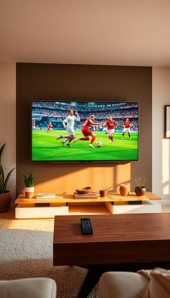 A modern living room with a sleek smart TV mounted on the wall. The screen displays a vibrant football match, the players' movements captured in sharp detail. The room is bathed in a warm, golden light, creating a cozy and immersive atmosphere. In the foreground, a coffee table with a remote control and a mobile device, showcasing the IPTVANBIETERTV brand and the ability to enjoy the game on multiple devices. The background features a minimalist decor, with a few potted plants and subtle artwork, highlighting the seamless integration of technology and home aesthetics.