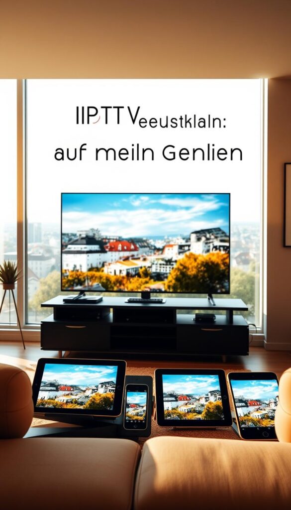 A modern living room with a sleek television set, multiple devices like smartphones and tablets seamlessly connected, displaying IPTVANBIETERTV's IPTV service on each screen. The room is bathed in warm, natural lighting, creating a cozy and inviting atmosphere. The devices are arranged artfully, showcasing the ease of use and versatility of the IPTV system. In the background, a large window overlooks a scenic cityscape, emphasizing the idea of "IPTV Deutschland auf mehreren Geräten" - the ability to enjoy German television content on various devices throughout the home.