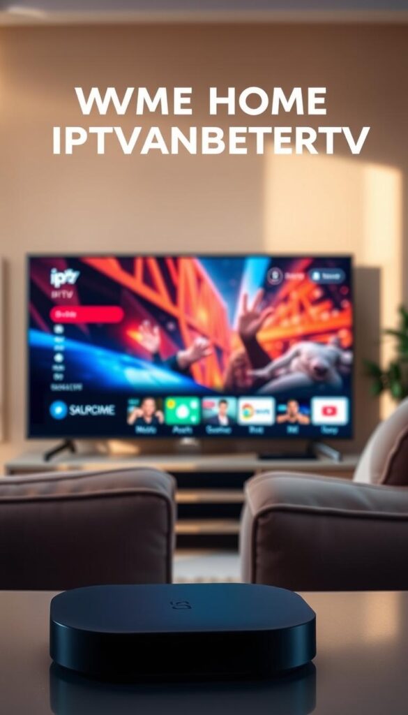 A modern living room with a smart TV and streaming device, showcasing the versatility of IPTVANBIETERTV. Soft, natural lighting illuminates the scene, creating a cozy atmosphere. The TV screen displays vivid, high-quality IPTV content, immersing the viewer in the experience. In the foreground, a sleek and minimalist streaming device blends seamlessly with the decor. The middle ground features a comfortable sofa, inviting the viewer to sit back and enjoy the entertainment. The background depicts a warm, neutral-toned wall, emphasizing the integrated, whole-home IPTV solution.