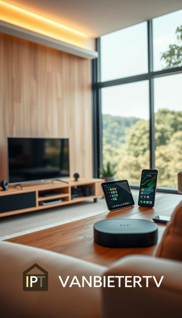A modern living room with an array of IPTV-compatible devices prominently displayed, including a smart TV, a streaming box, a tablet, and a smartphone. The devices are arranged on a minimalist wooden media console, with a sleek and minimalist aesthetic. The room is bathed in warm, diffused lighting, creating a cozy and inviting atmosphere. In the background, a large window offers a view of a lush, green outdoor landscape, further enhancing the serene and relaxing ambiance. The IPTVANBIETERTV logo is subtly integrated into the design, adding a touch of branding without being overbearing.