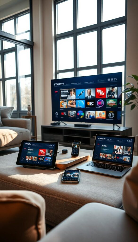 A modern living room with large windows and natural light streaming in. On the coffee table, a range of devices - a smart TV, a tablet, a smartphone, and a laptop - all displaying the IPTVANBIETERTV interface, showcasing seamless multi-device streaming capabilities. The room has a cozy, relaxed atmosphere, with plush furniture and soft, warm lighting. The devices are arranged in a way that suggests the ease and convenience of accessing IPTV content across various platforms. The overall scene conveys the idea of a technologically-savvy, yet comfortable and inviting home environment optimized for IPTV streaming.
