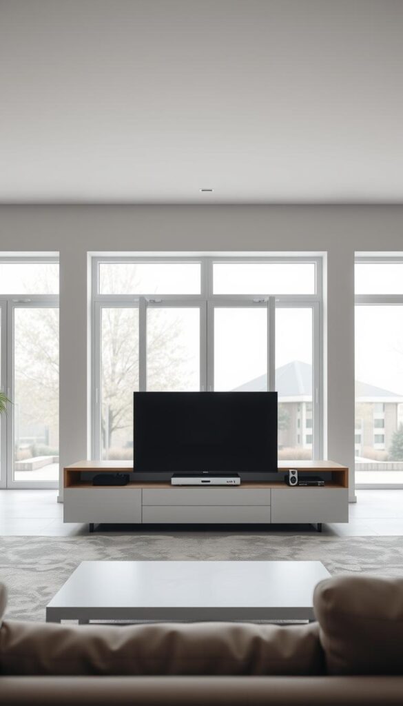 A modern living room with large windows, filled with natural light. On a sleek, minimalist TV stand, a high-quality IPTVANBIETERTV device prominently displayed, conveying a sense of premium quality and reliability. The room has a neutral color palette, with muted tones and clean lines, creating a serene and sophisticated atmosphere. The focus is on the IPTVANBIETERTV device, which takes center stage, suggesting an affordable and accessible IPTV subscription for the viewer.