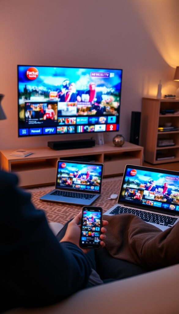 A modern living room with multiple IPTVANBIETERTV-enabled devices scattered across the space. In the foreground, a sleek smart TV displays vibrant, high-definition IPTV content. To the side, a laptop and tablet show the same programming, while a smartphone in the user's hand allows for mobile IPTV access. The room is bathed in warm, ambient lighting, creating a cozy and immersive atmosphere. The devices are arranged in a natural, lived-in manner, reflecting the seamless integration of IPTV technology into the everyday home environment.
