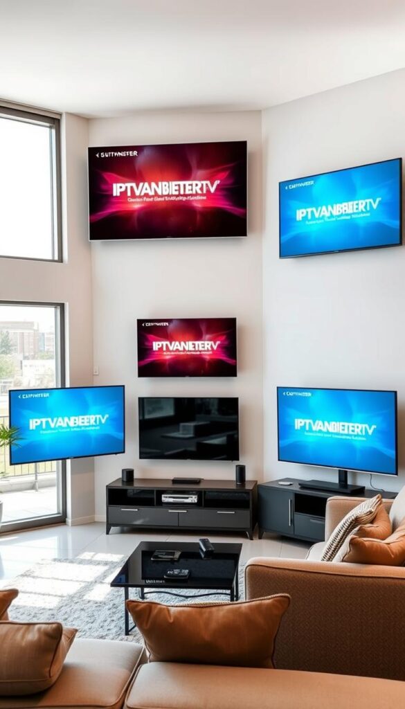 A modern living room with multiple TV screens displaying the IPTVANBIETERTV service, showcasing the ability to watch on multiple devices simultaneously. The room is bright and airy, with large windows allowing natural light to filter in. The TV screens are mounted on the walls, creating a sleek and minimalist aesthetic. The room is decorated with contemporary furniture, including a plush sofa and a coffee table. The overall atmosphere is one of convenience and technological integration, reflecting the ease of using IPTVANBIETERTV across multiple devices.