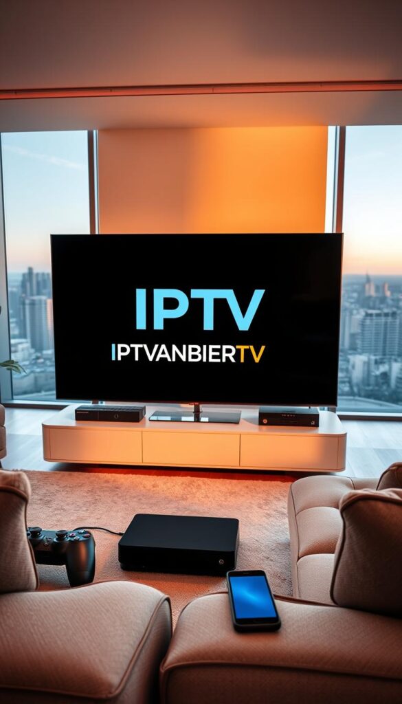 A modern living room with sleek entertainment setup. In the foreground, a large flatscreen TV displays the IPTVANBIETERTV logo, showcasing IPTV streaming on a high-quality display. Surrounding the TV, various devices like a gaming console, streaming box, and smartphone are arranged, illustrating the versatility of IPTV across multiple platforms. The lighting is warm and inviting, creating a cozy atmosphere. The middle ground features comfortable seating options, while the background reveals floor-to-ceiling windows overlooking a scenic cityscape. The overall scene conveys the seamless integration of IPTV technology into a contemporary home environment.