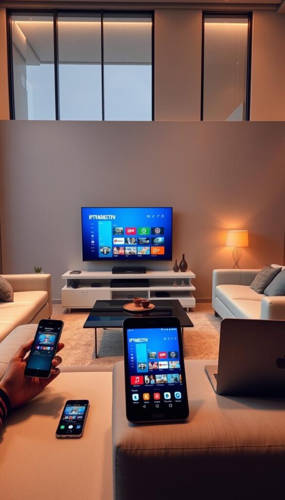 A modern living room with sleek furniture, large windows, and warm lighting. On the TV, a vibrant display showcases the IPTVANBIETERTV interface, highlighting its multi-device capabilities. Smartphones, tablets, and a laptop are positioned around the room, all connected and streaming IPTV content seamlessly. The scene conveys a sense of technological sophistication and the convenience of accessing IPTV on various devices within a comfortable, contemporary home environment.
