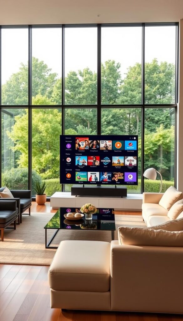 A modern living room with sleek minimalist furniture, floor-to-ceiling windows overlooking a lush green landscape. Soft, warm lighting sets a cozy atmosphere. In the center, a large IPTVANBIETERTV display showcases a diverse array of entertainment options, from live sports to on-demand movies. The interface is intuitive and user-friendly, highlighting the advantages of IPTV over traditional cable TV - seamless integration, enhanced personalization, and a vast content library. The room exudes a sense of comfort and technological sophistication, reflecting the benefits of IPTV in the modern home.