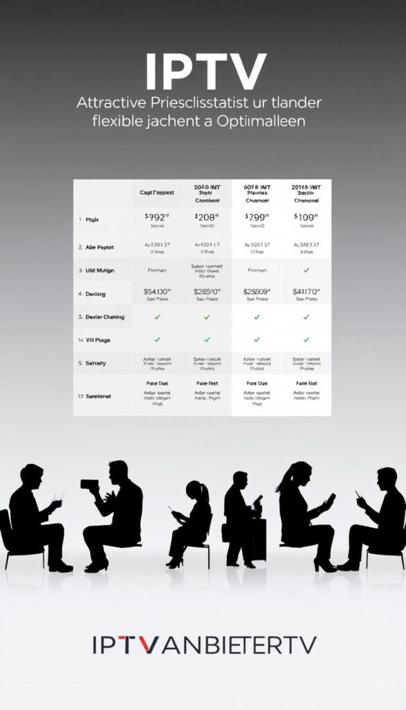 A modern, minimal, and sleek illustration of a price comparison chart showcasing various IPTV service providers. The foreground features a clean and organized grid displaying the key details of each provider, including their pricing structures, device compatibility, and channel selections. The middle ground depicts silhouettes of people interacting with their devices, highlighting the accessibility and flexibility of IPTV services. The background is a softly blurred gradient, creating a sense of depth and focus on the central elements. The overall aesthetic is professional, informative, and visually appealing, aligning with the "Attraktive Preisgestaltung und flexible Abonnement-Optionen" section of the article. The brand name "IPTVANBIETERTV" is prominently displayed in a modern, sans-serif typeface.