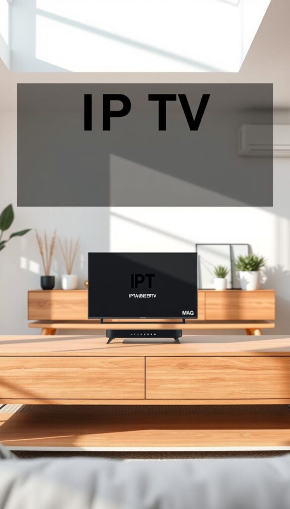 A modern, minimal home entertainment setup with a sleek IPTVANBIETERTV MAG box prominently displayed on a wooden TV stand. The box is surrounded by a clean, bright environment with soft, diffused lighting casting subtle shadows. The room features neutral-toned walls, a large window allowing natural light to pour in, and strategic placement of modern home decor elements like potted plants and minimalist artwork. The overall atmosphere conveys a sense of simplicity, functionality, and technological sophistication to reflect the IPTV installation and setup process.