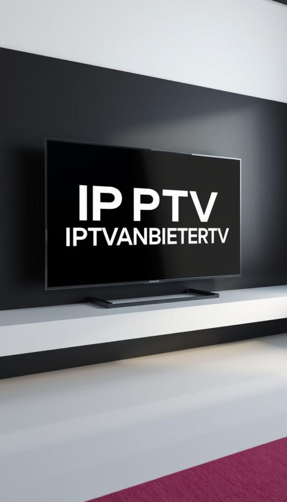 A modern, minimalist 3D rendering of a smart TV screen displaying the IPTVANBIETERTV brand logo against a sleek, dark background. The screen shows a crisp, high-definition 4K image with vivid, saturated colors. Minimal UI elements and clean, elegant typography accentuate the premium quality of the IPTV service. Soft, directional lighting from the left side casts subtle shadows, adding depth and dimension to the scene. The overall composition exudes a sense of sophistication, technological advancement, and premium entertainment experience.