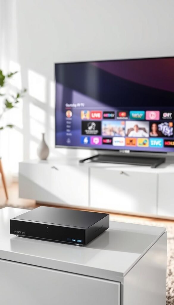 A modern, minimalist IPTV installation setup in a bright, airy living room. Sleek, black IPTVANBIETERTV set-top box placed neatly on a white media console, surrounded by uncluttered decor. Crisp, natural lighting illuminates the space, creating a welcoming ambiance. The TV screen displays a simple, user-friendly interface, inviting the viewer to easily navigate and access a wide range of IPTV channels. The overall scene conveys a sense of effortless technology integration and hassle-free IPTV experience.
