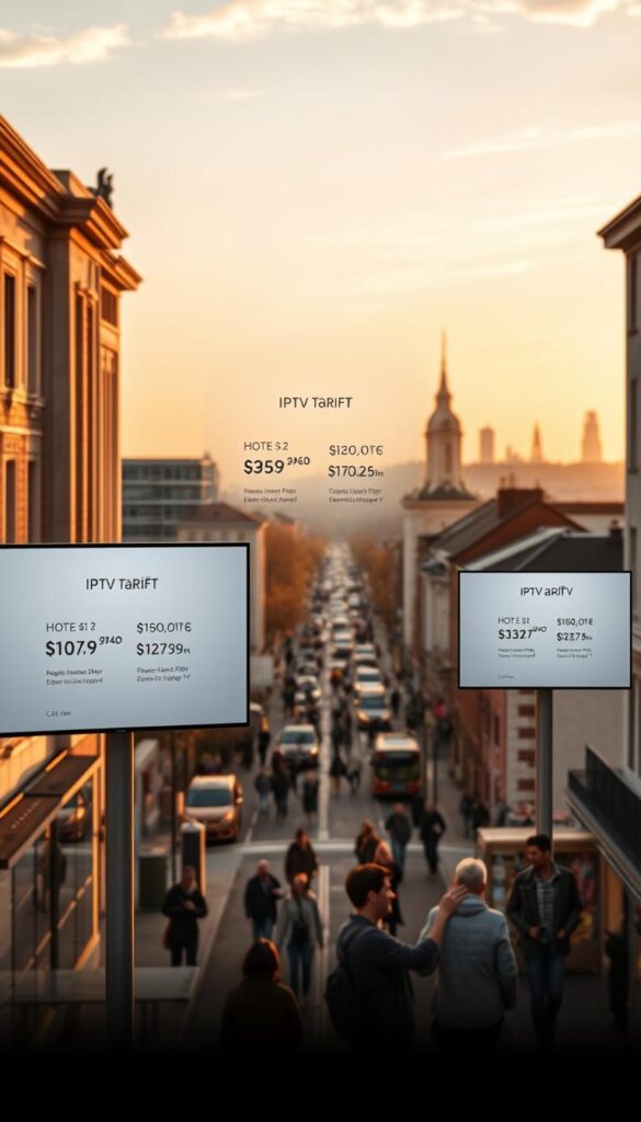 A modern, minimalist IPTV package showcase set against a warm, inviting Hamburg cityscape. In the foreground, various IPTV tariffs from IPTVANBIETERTV are presented on clean, elegant display screens. The middle ground features a bustling city street, with people going about their daily lives, reflecting the reliable and accessible nature of the IPTV service. The background is a panoramic view of the iconic Hamburg skyline, bathed in soft, golden lighting to convey a sense of comfort and dependability. The overall composition emphasizes the attractive pricing and reliable service of IPTVANBIETERTV, seamlessly integrated into the vibrant fabric of the city.