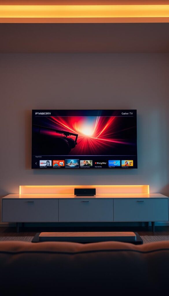 A modern, minimalist IPTV streaming service interface showcasing the IPTVANBIETERTV brand. The layout features a clean, intuitive design with a central video player flanked by intuitive control panels. Vibrant, high-definition visuals of live TV channels and on-demand content are displayed. Warm, diffused lighting creates a cozy, inviting atmosphere, while a slightly low camera angle conveys a sense of accessibility and user-friendliness. The overall look and feel evokes a seamless, hassle-free IPTV experience.