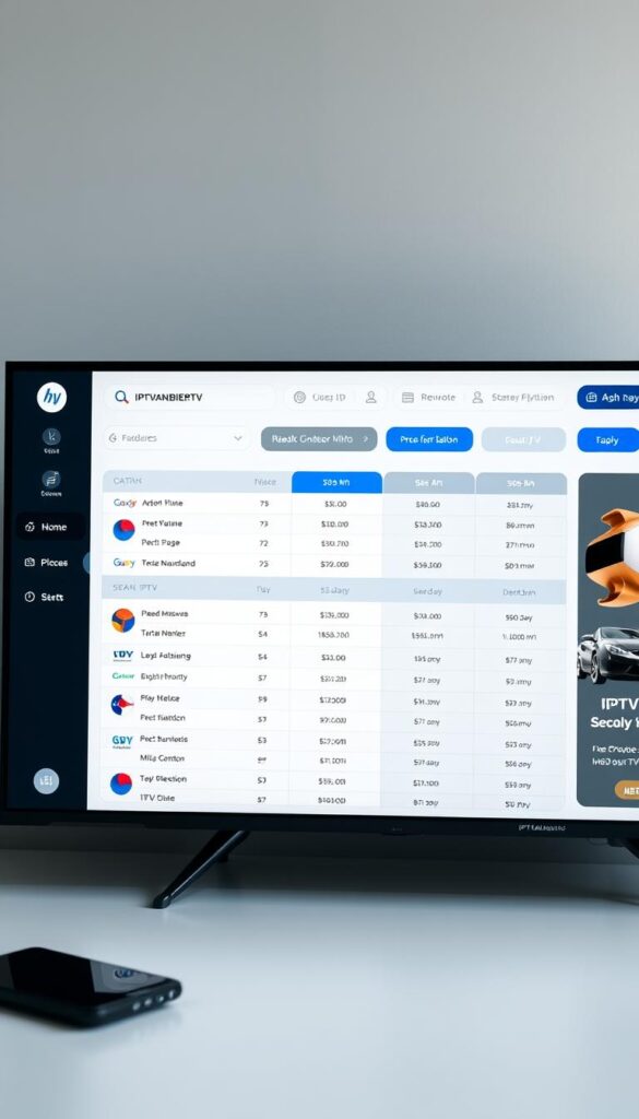 A modern, minimalist IPTVANBIETERTV dashboard display, showcasing a side-by-side price comparison of various IPTV service providers. The layout features clean typography, intuitive icons, and a sleek color palette of greys, blues, and whites. The overall design conveys a sense of efficiency and professionalism, highlighting the key details users would need to make an informed decision on their IPTV subscription. The scene is illuminated by soft, diffused lighting, creating a balanced and visually appealing composition. The angle is slightly tilted to draw the viewer's attention to the central comparison table, presenting the information in a clear and organized manner.