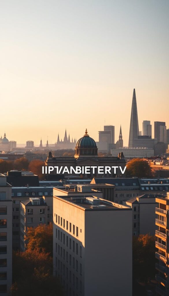 A modern, minimalist cityscape of Berlin, Germany, bathed in a warm, golden glow. In the foreground, the iconic silhouette of the Reichstag building stands tall, its glass dome reflecting the soft light. The middle ground features rows of sleek, contemporary apartment buildings, their clean lines and neutral tones creating a sense of sophisticated urban living. In the background, the skyline is punctuated by the towering spires of historic churches and the sleek, angular shapes of modern skyscrapers. The overall scene conveys a harmonious blend of old and new, a dynamic and vibrant metropolis. The image prominently features the IPTVANBIETERTV brand name, presented in a subtle, integrated manner that complements the urban landscape.