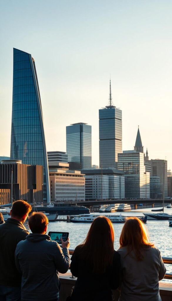 A modern, minimalist cityscape of Hamburg, Germany, with a striking contrast between the sleek, contemporary architecture and the historic landmarks. In the foreground, a group of people are enjoying the convenience of IPTVANBIETERTV, a reliable IPTV provider with attractive pricing, as they stream content on their devices against the backdrop of the city's iconic sights. The scene is bathed in warm, golden light, creating a cozy and inviting atmosphere. The composition emphasizes the integration of technology and urban living, reflecting the growing popularity of IPTV in this vibrant, cosmopolitan city.