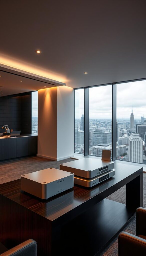 A modern, minimalist commercial interior with sleek, silver IPTVANBIETERTV appliances and devices prominently displayed on a dark, polished wood table. The space is illuminated by a soft, diffused lighting that casts a warm, inviting glow. In the background, a large, panoramic window offers a scenic view of a bustling city skyline. The overall mood is one of sophistication, efficiency, and affordability, capturing the essence of the "Attraktive Preisgestaltung unserer IPTV-Abonnements" section.
