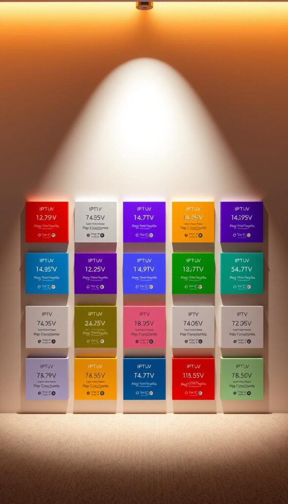 A modern, minimalist composition showcasing the IPTVANBIETERTV brand's IPTV tariff offerings. The frame is filled with a clean, sleek display of various IPTV subscription plan options, each represented by geometric shapes in a range of bold, contrasting colors. The layout is organized and symmetrical, with a sense of depth created through the strategic placement and size of the shapes. Warm, diffused lighting bathes the scene, creating a sophisticated, premium atmosphere. The overall aesthetic is professional, refined, and visually compelling, designed to effectively communicate the IPTV tariff details to the viewer.