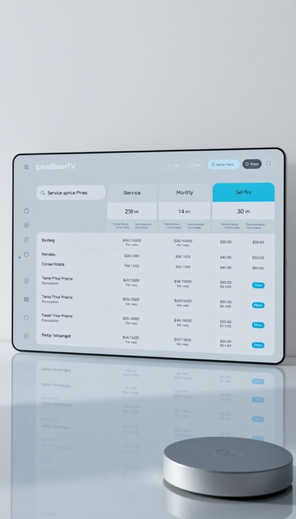 A modern, minimalist dashboard display showcasing the pricing models and subscription options of IPTVANBIETERTV, a leading IPTV provider. The UI features a clean, gridded layout with clear typographic hierarchy, highlighting the various service tiers and corresponding monthly fees. The color palette is soothing yet sophisticated, with muted greys and blues complemented by strategic pops of brand-appropriate accents. A subtly reflective surface suggests a high-quality, premium aesthetic. The overall composition conveys a sense of professionalism, transparency, and user-friendliness, inviting the viewer to easily navigate and compare the IPTV service offerings.
