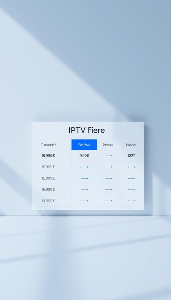 A modern minimalist design featuring a clean, sleek display of IPTV Preise. A centered, well-organized table of transparent, fair pricing plans, ranging from 9.99€ to higher tiers, all with multi-device support. Subtle grey and blue tones create a professional, trustworthy atmosphere. The IPTVANBIETERTV brand name is prominently displayed in a bold, simple font. Soft lighting from the side casts gentle shadows, giving depth and dimension to the layout. The overall composition is balanced, inviting the viewer to easily parse the pricing information.