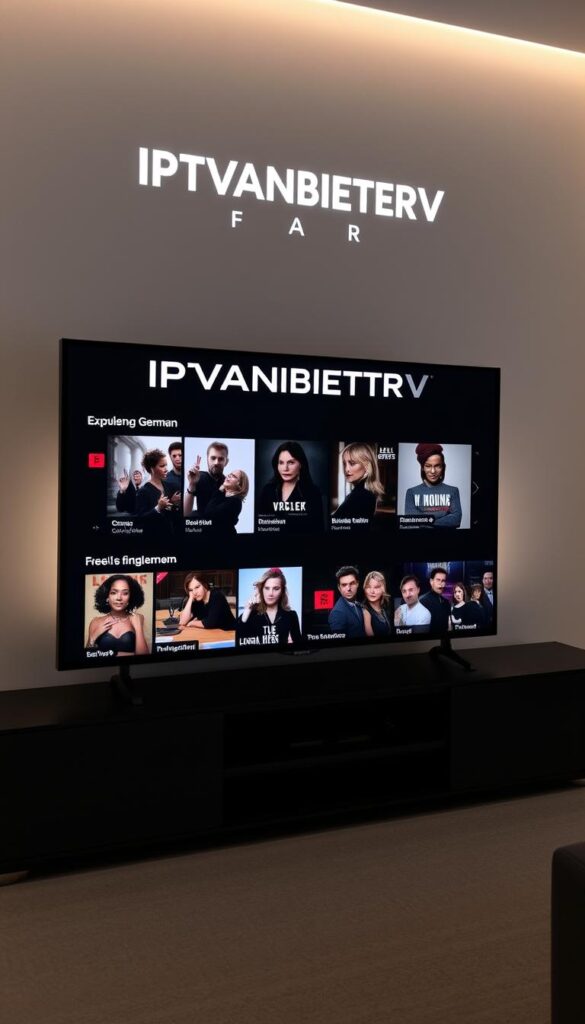 A modern, minimalist design showcasing the IPTVANBIETERTV brand, offering a clean, uncluttered view of a selection of popular German TV series available for free streaming. The scene features a sleek, dark-themed user interface with intuitive navigation menus, highlighting key content in a visually appealing grid layout. Subtle lighting accentuates the screen, creating a sense of depth and focus. The overall aesthetic conveys a premium, high-quality streaming experience catered to German audiences seeking free access to their favorite domestic TV shows.