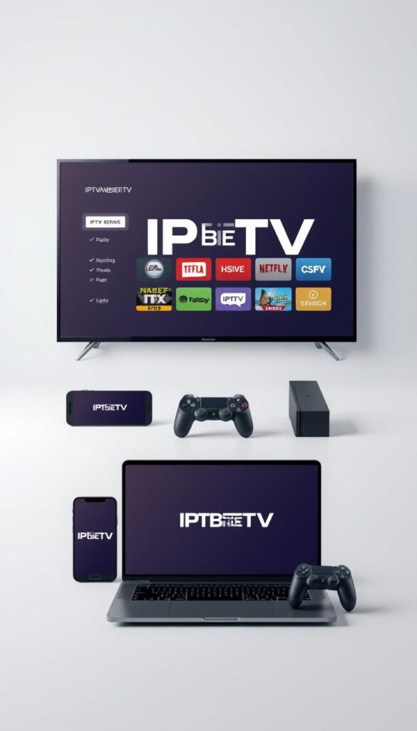 A modern, minimalist design showcasing various devices displaying IPTV services. In the foreground, a sleek smart TV, laptop, and smartphone are arranged neatly, each screen featuring the IPTVANBIETERTV brand. The middle ground depicts a tablet and gaming console, all devices connected and synced, highlighting the versatility of IPTV across different operating systems. The background features a soft, gradient color scheme, creating a clean, professional atmosphere. Lighting is subtle and even, allowing the devices to take center stage. The overall composition conveys the seamless integration of IPTV technology into a modern, multi-device lifestyle.