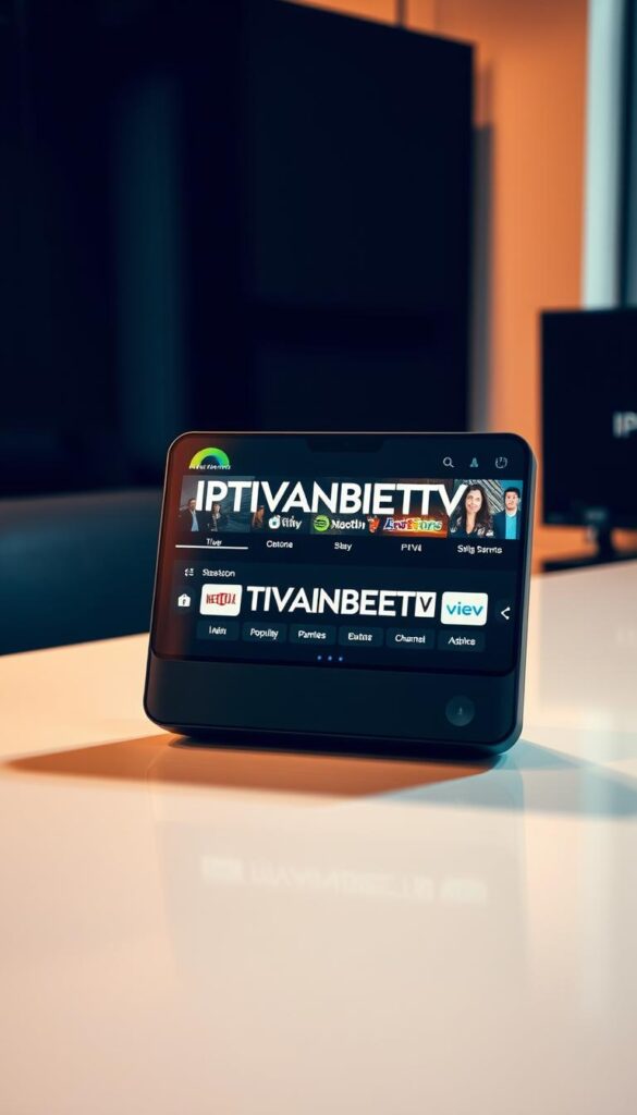 A modern, minimalist digital device display showcasing the IPTVANBIETERTV brand logo and interface. The screen shows a sleek, intuitive UI with high-definition imagery and icons representing popular IPTV channels and services. The device is situated on a clean, well-lit desk or table, casting subtle reflections. The lighting is warm and soft, creating a professional, tech-savvy atmosphere. The composition emphasizes the brand's design aesthetic and forward-thinking technology, positioning IPTVANBIETERTV as a leading IPTV provider in Germany.