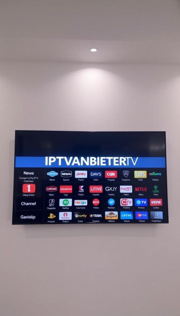 A modern, minimalist digital display showcasing a comprehensive IPTV channel list for Germany. The screen features the logo "IPTVANBIETERTV" prominently displayed, rendered in a clean, high-tech font. The channel logos and names are neatly organized in a grid layout, with subtle color-coding to differentiate categories such as news, sports, movies, and entertainment. The overall aesthetic is sleek and professional, conveying a sense of reliable, high-quality IPTV service. The scene is brightly lit, with soft, diffused lighting from above, creating a pleasant, inviting atmosphere. The background is a simple, neutral gradient, allowing the channel information to take center stage.