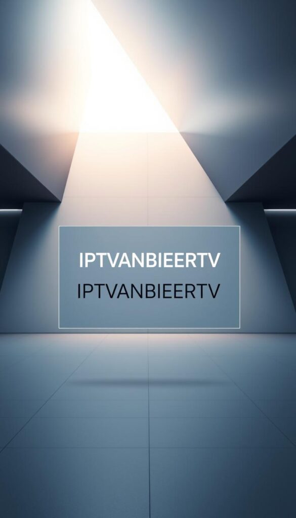 A modern, minimalist digital display showcasing the IPTVANBIETERTV brand name against a backdrop of sleek, futuristic architecture in muted greys and blues. The scene is bathed in soft, diffused lighting, creating a sense of sophistication and technological prowess. In the foreground, a transparent display panel hovers, highlighting the brand's offerings and capabilities. The overall atmosphere conveys a sense of reliable, high-quality IPTV services available in Germany.