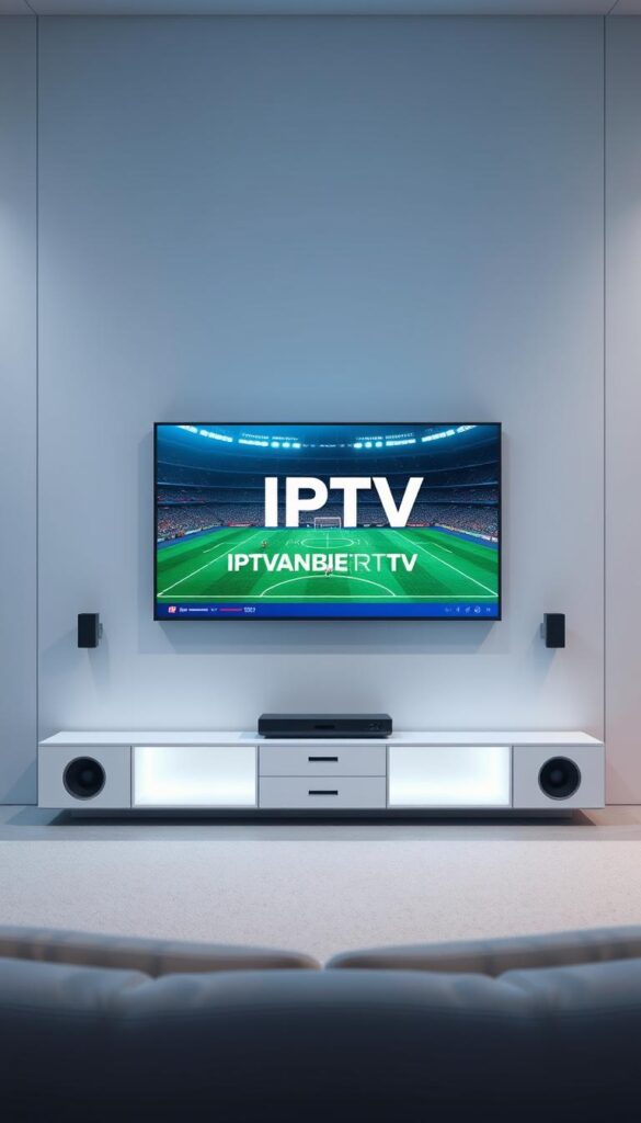 A modern, minimalist digital illustration of "IPTV for Football Broadcasts". A sleek, high-tech interface displays a live football match on a large screen, surrounded by a clean, uncluttered layout. The IPTVANBIETERTV logo prominently features in the center, exuding a sense of professionalism and reliability. Soft, muted lighting creates a calming, immersive atmosphere, while subtle futuristic elements like holographic overlays or glowing accents add a touch of sophistication. The overall composition conveys the ease and convenience of accessing premium live sports content through a state-of-the-art IPTV platform.