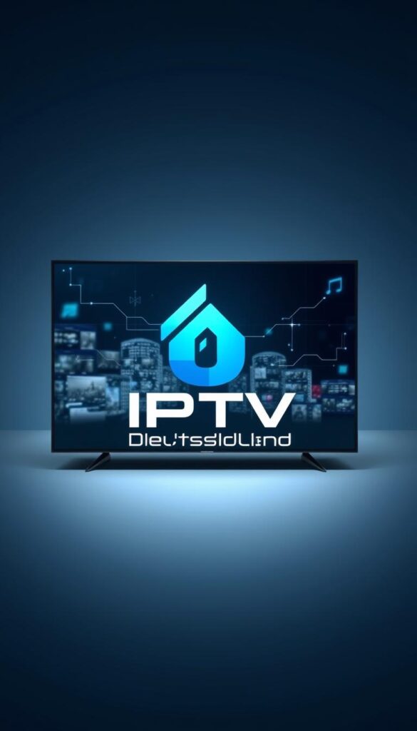 A modern, minimalist digital illustration of the IPTV Deutschland brand. A sleek, high-tech logo in shades of blue and gray sits prominently in the foreground, accented by geometric shapes and lines evoking digital signals and connectivity. The middle ground features abstract, pixelated imagery suggesting live TV broadcasts, while the background is a subtle gradient in cool tones, creating an air of professionalism and technological advancement. Crisp, clean lighting highlights the brand's premium quality, with a slight cinematic depth-of-field effect. The overall aesthetic is designed to convey IPTVANBIETERTV as a reliable, cutting-edge IPTV provider for the German market.